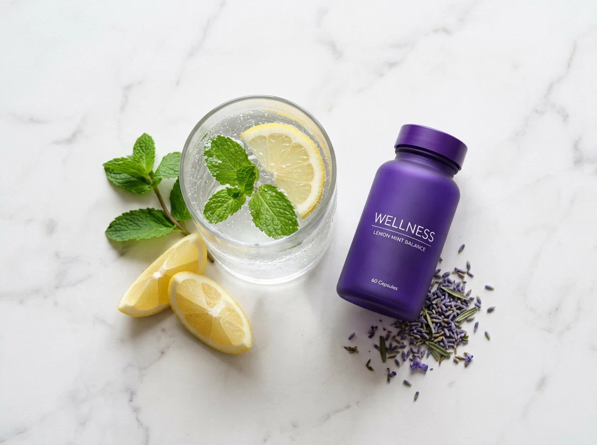Ozalyn supplement fles naast glas water - dagelijks gebruik voedingssupplement actieve leefstijl